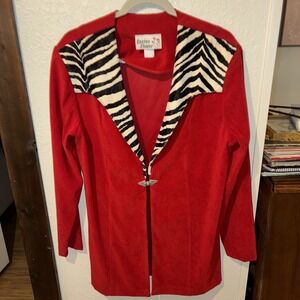Vtg cactus flower xl womens red jacket Zebra Colored Collar 97% Polyester Long